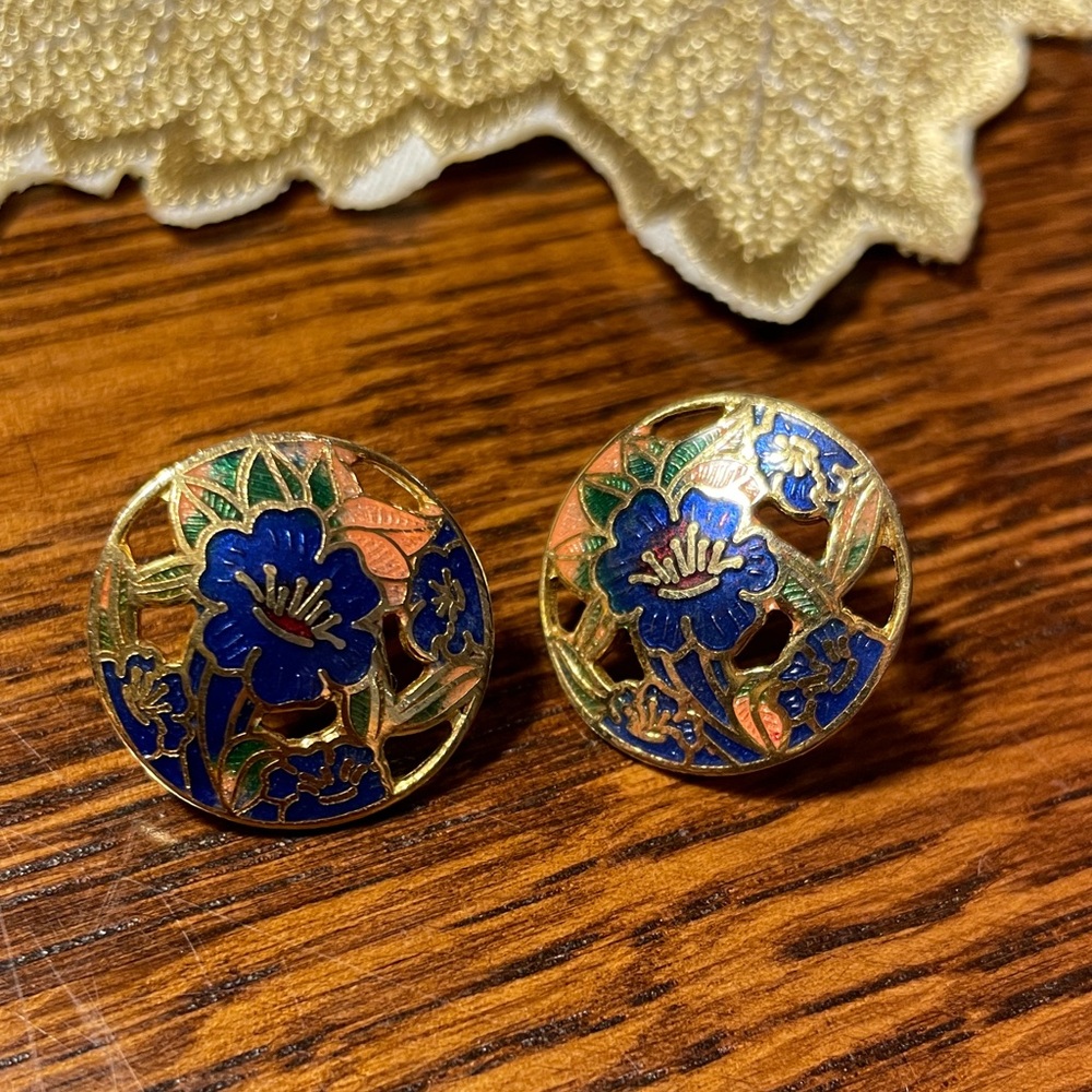Vintage Cloisonne Flower Cut-out Earrings Blue Green & Pink Enamel